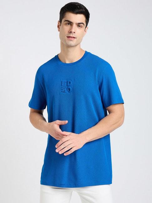 EDRIO Royal Blue Regular Fit Textured Crew T-shirt
