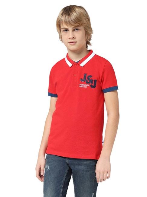 Jack & Jones Junior Mars Red Cotton Embroidered Polo T-Shirt