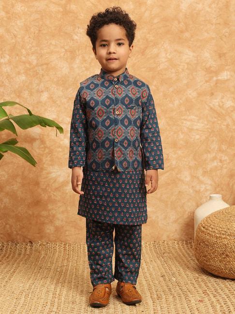 readiprint-fashions-kids-blue-printed-full-sleeves-kurta,-pyjamas-with-nehru-jacket