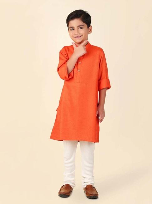 Fabindia Kids Orange Textured Pattern Full Sleeves Kurta
