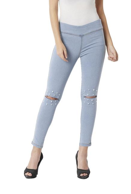 Miss Chase Sky Blue Cotton Super Skinny Fit Jeggings