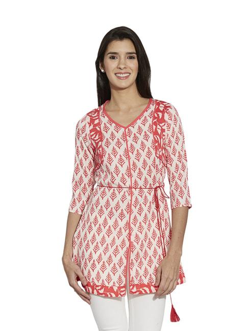 fusion-beats-off-white-&-coral-printed-tunic