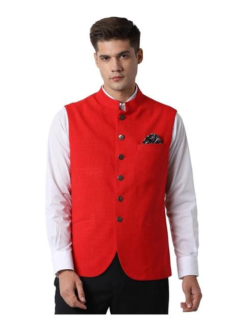 peter-england-red-sleeveless-mandarin-collar-nehru-jacket