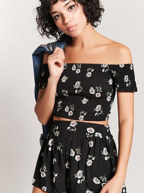 forever-21-black-&-cream-floral-print-crop-top-with-shorts-set