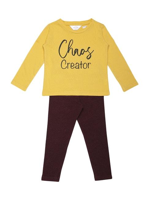 Mystere Paris Kids Yellow & Maroon Cotton Printed T-Shirt & Leggings