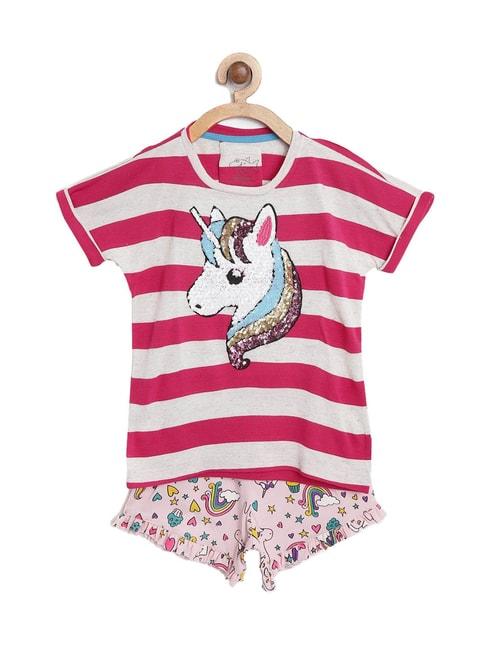 Lazy Shark Kids Pink & White Embellished  Top with  Shorts