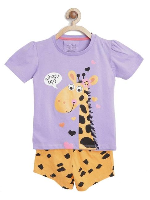 Lazy Shark Kids Purple & Yellow Printed  Top with  Shorts