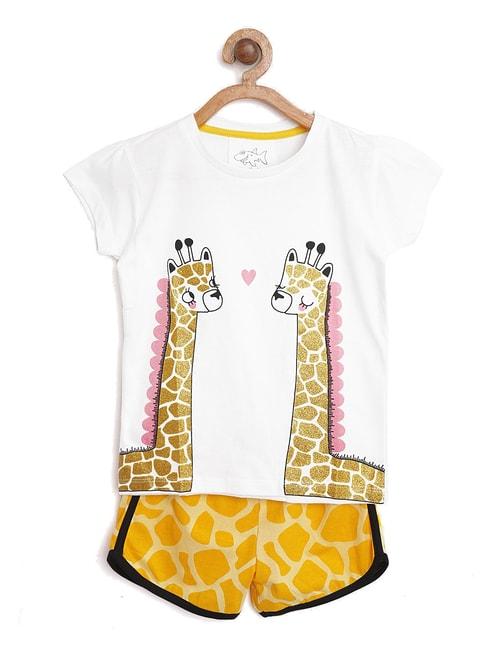 Lazy Shark Kids White & Yellow Printed  Top with  Shorts