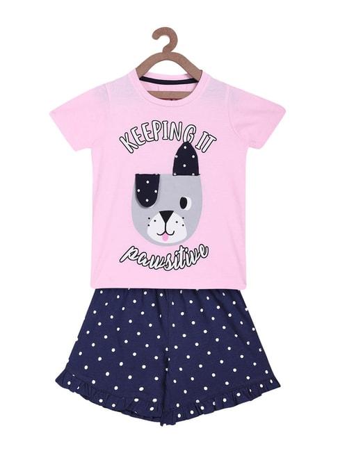 Lazy Shark Kids Pink & Navy Printed  Top with  Shorts