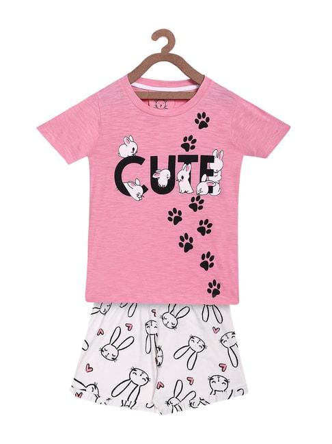 Lazy Shark Kids Pink & Off White Printed  Top with  Shorts