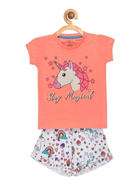Lazy Shark Kids Orange & White Printed  Top with  Shorts