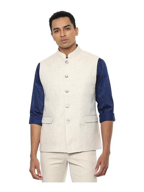 Van Heusen Cream Self Design Mandarin Collar Nehru Jacket