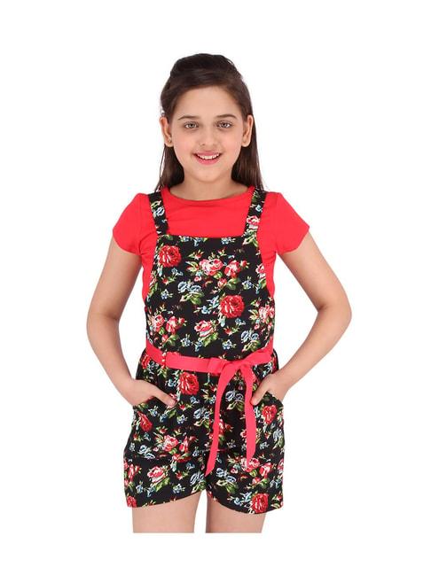 Cutecumber Kids Red & Black Floral Print  Top with Dungaree