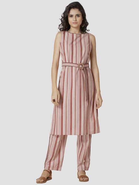 Earthen By Indya Blush Striped Belted Tunic and Pants Set
