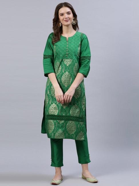 Jaipur Kurti Green Embroidered Kurta Pant Set