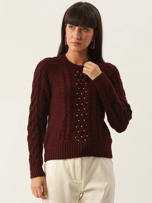 Zoella Maroon Round Neck Embellished Sweater