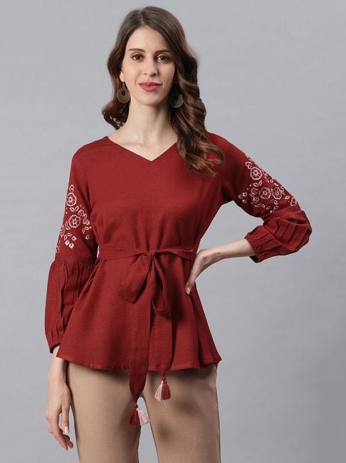 janasya-maroon-embroidered-top