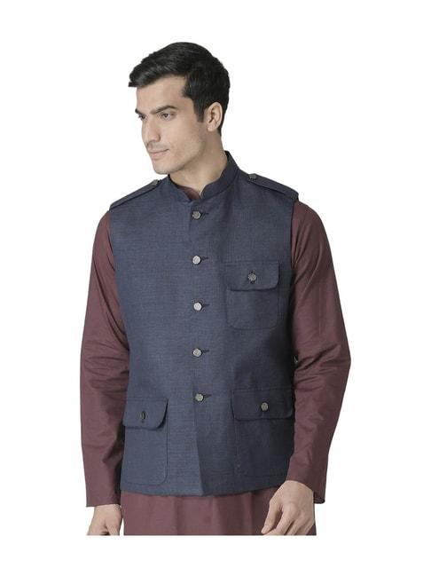 Tabard Navy Mandarin Collar Printed Nehru Jacket