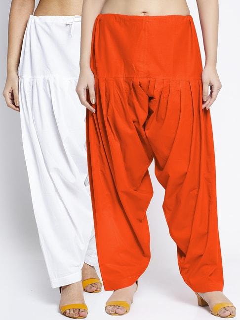 Gracit White & Orange Loose Fit Cotton Salwar Pack of - 2