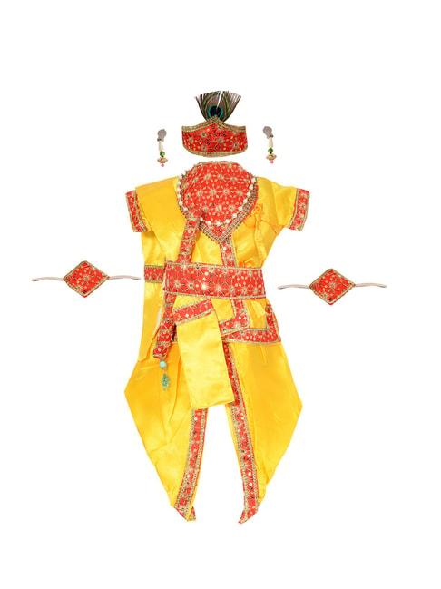 Ahhaaaa Kids Yellow Embroidered Kurta, Dhoti, Pagri, Flute& Set