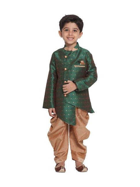 vastramay-kids-green-&-rose-gold-self-pattern-sherwani-set