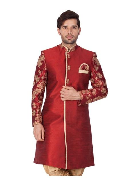 vastramay-maroon-regular-fit-embroidered-sherwani