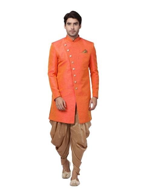 vastramay-orange-&-beige-straight-fit-sherwani-set