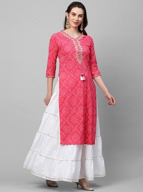 Indo Era Pink Bandhani Kurta Skirt Set