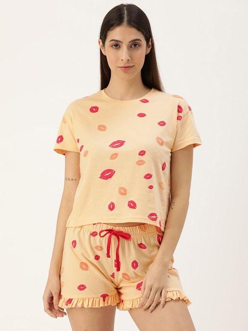 Slumber Jill Orange Printed Top With Shorts