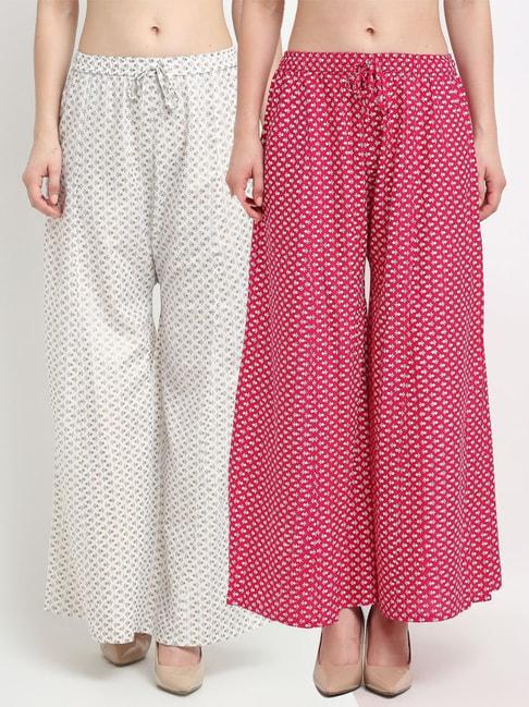 Gracit White & Pink Printed Palazzos - Pack Of 2