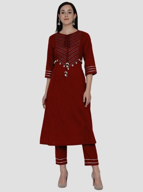 women-republic-maroon-cotton-embellished-kurta-pant-set
