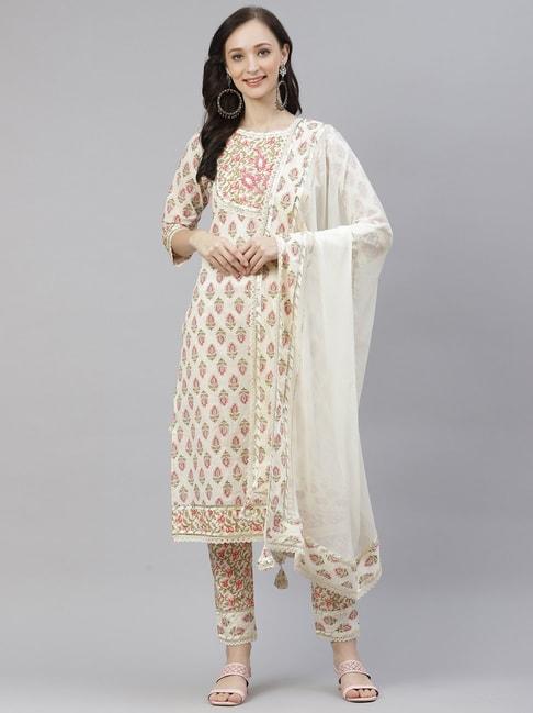 Divena Off-White Cotton Embellished Kurta Pant Set With Dupatta