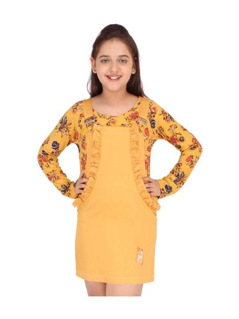Cutecumber Kids Mustard Floral Print Dungaree & T-Shirt