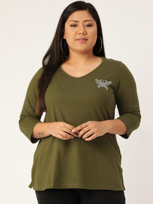 therebelinme-olive-green-cotton-embellished-t-shirt