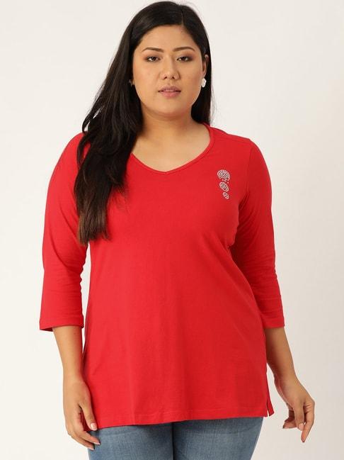 theRebelinme Red Cotton Embellished T-Shirt