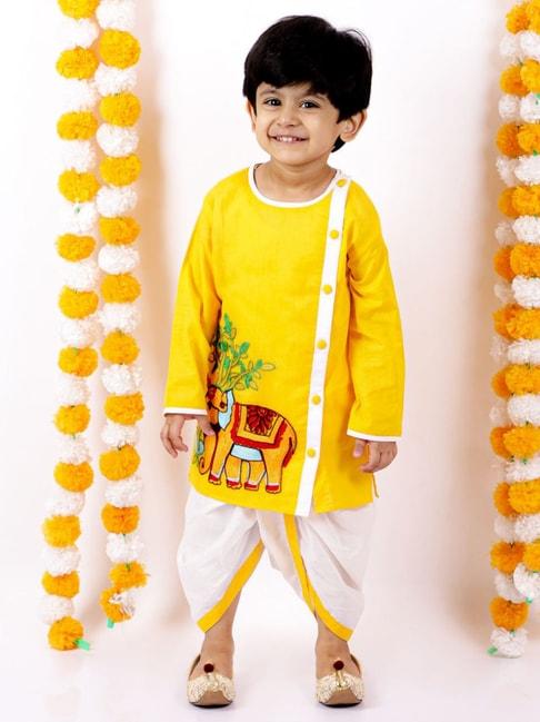 Little Bansi Kids Yellow Cotton Embroidered Kurta Set