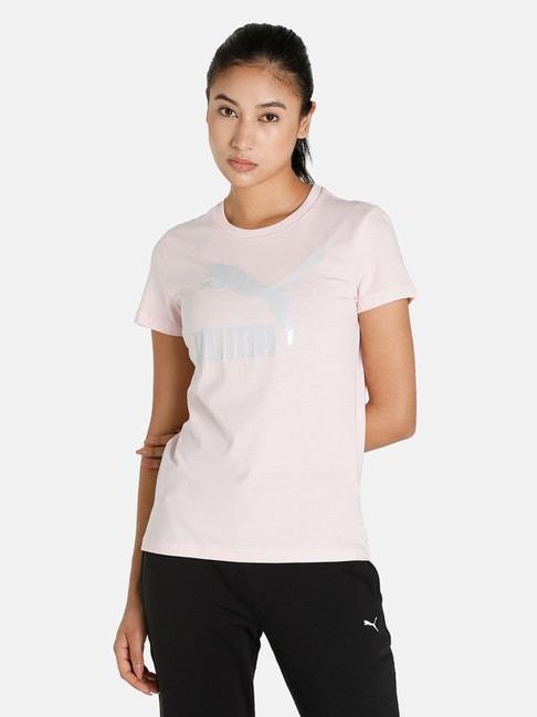 Puma Pink Logo Printed Cotton T-Shirt