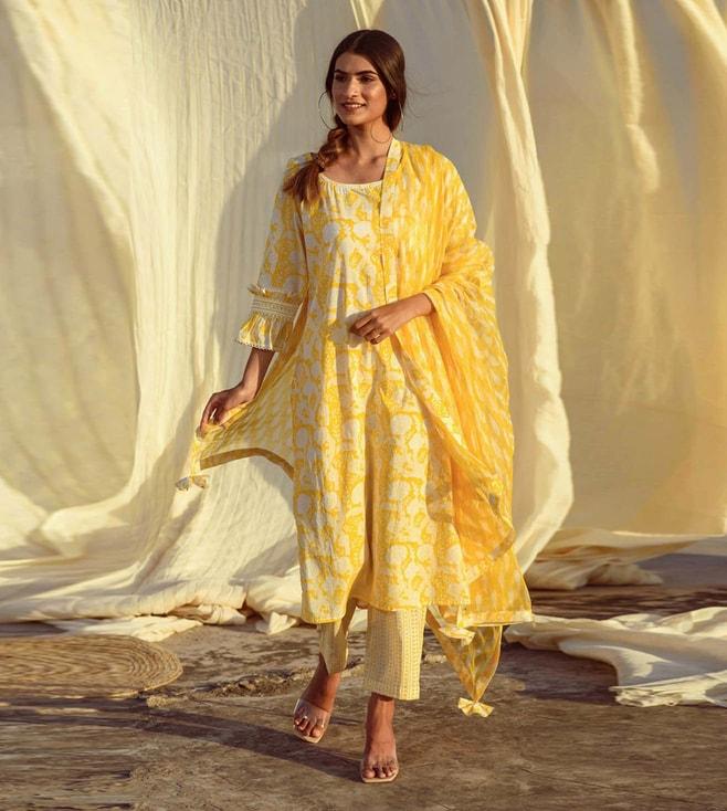 Kapraaha Yellow Block Printed Tunic & Pant with Dupatta