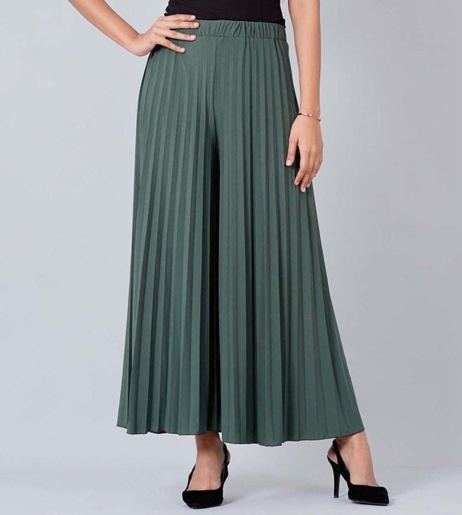 First Resort By Ramola Bachchan Sage Green Wide Leg Pleated Palazzo