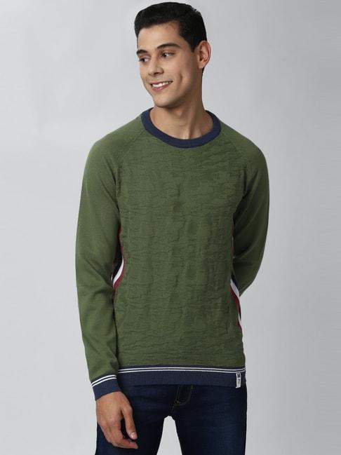Peter England Casuals Olive Green Cotton Regular Fit Self Pattern Sweater
