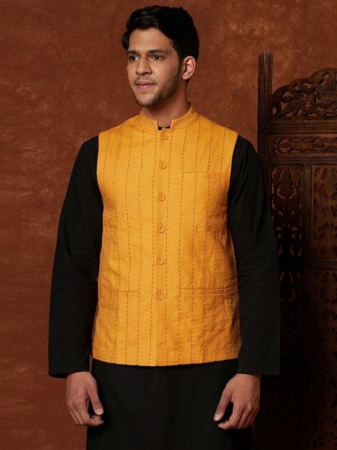 Fabindia Yellow Comfort Fit Embroidered Nehru Jacket