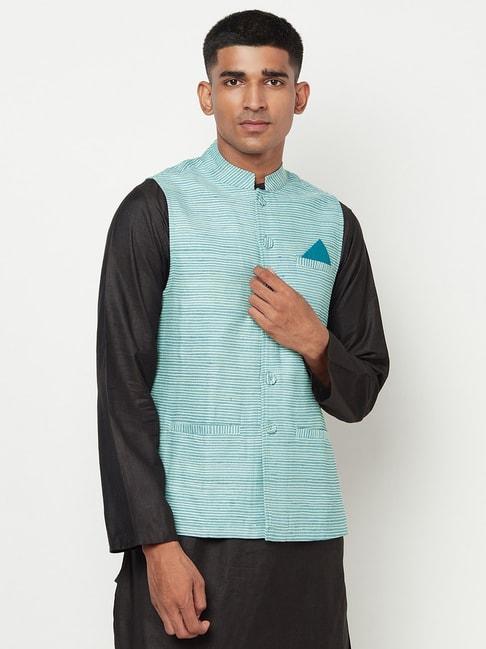 Fabindia Blue Comfort Fit Striped Nehru Jacket