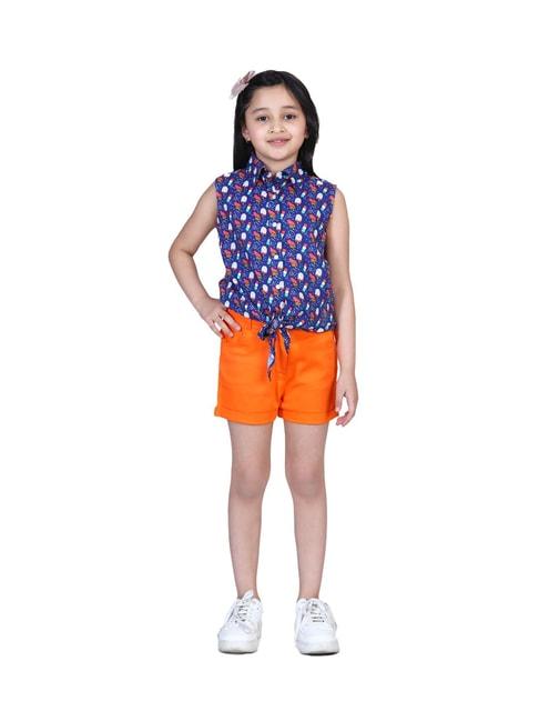 StyleStone Kids Blue & Orange Printed Top with Shorts