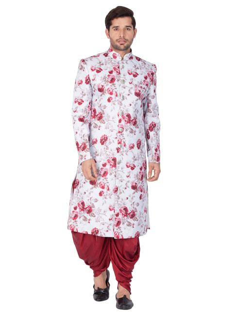 vastramay-pink-cotton-regular-fit-floral-print-sherwani-set