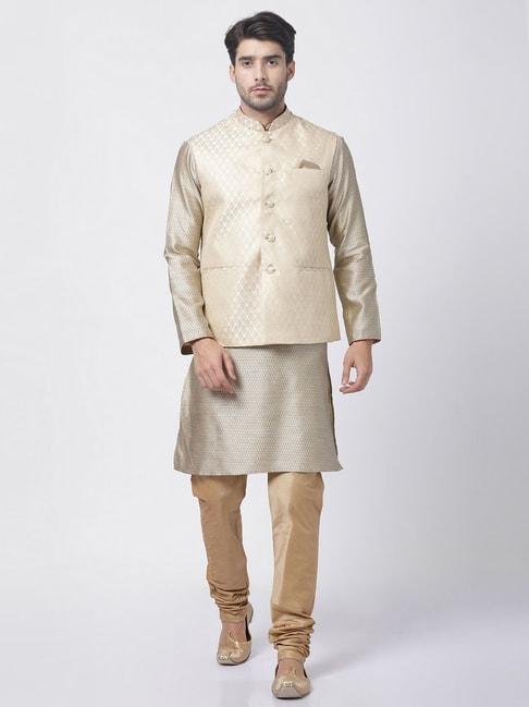 vastramay-beige-&-gold-straight-fit-printed-kurta-set-with-jacket