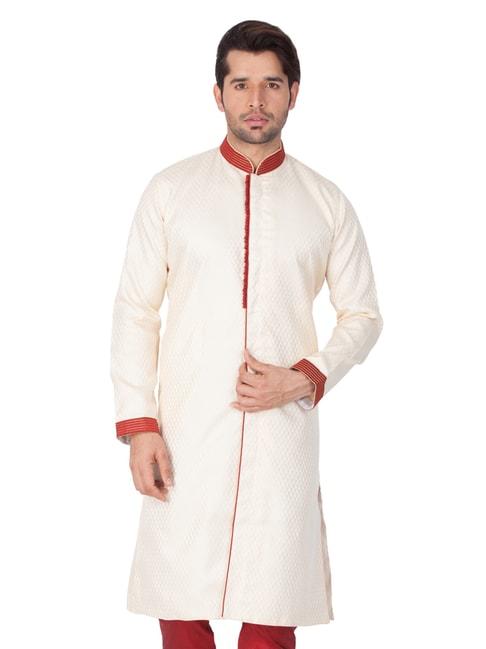 VASTRAMAY Beige & Maroon Regular Fit Embellished Sherwani Only Top