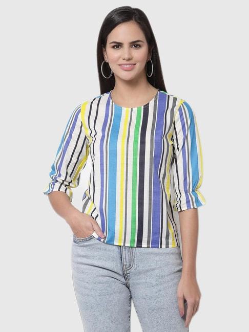 Style Quotient Women White And Multi Stripe Printed Polyester Smart Casual Top