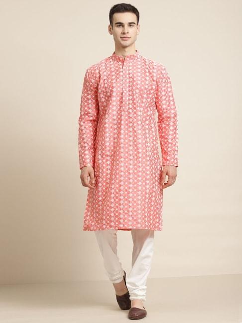 Sojanya Peach Silk Blend Regular fit Embroidery Kurta Set