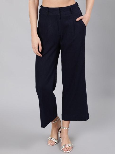 jaipur-kurti-navy-flared-fit-pleated-trousers