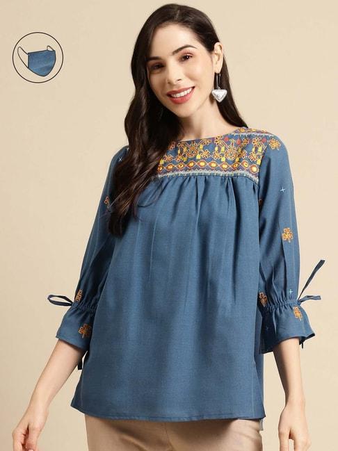 rangmayee-blue-embroidered-tunic-with-mask